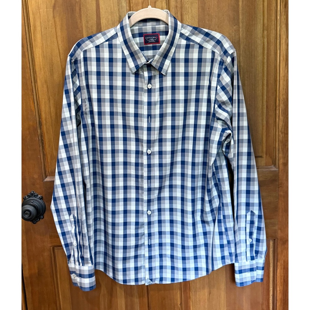 UNTUCKit Pomerol WF Mens Large Slim Fit Wrinkle Free Gingham Shirt Blue Grey